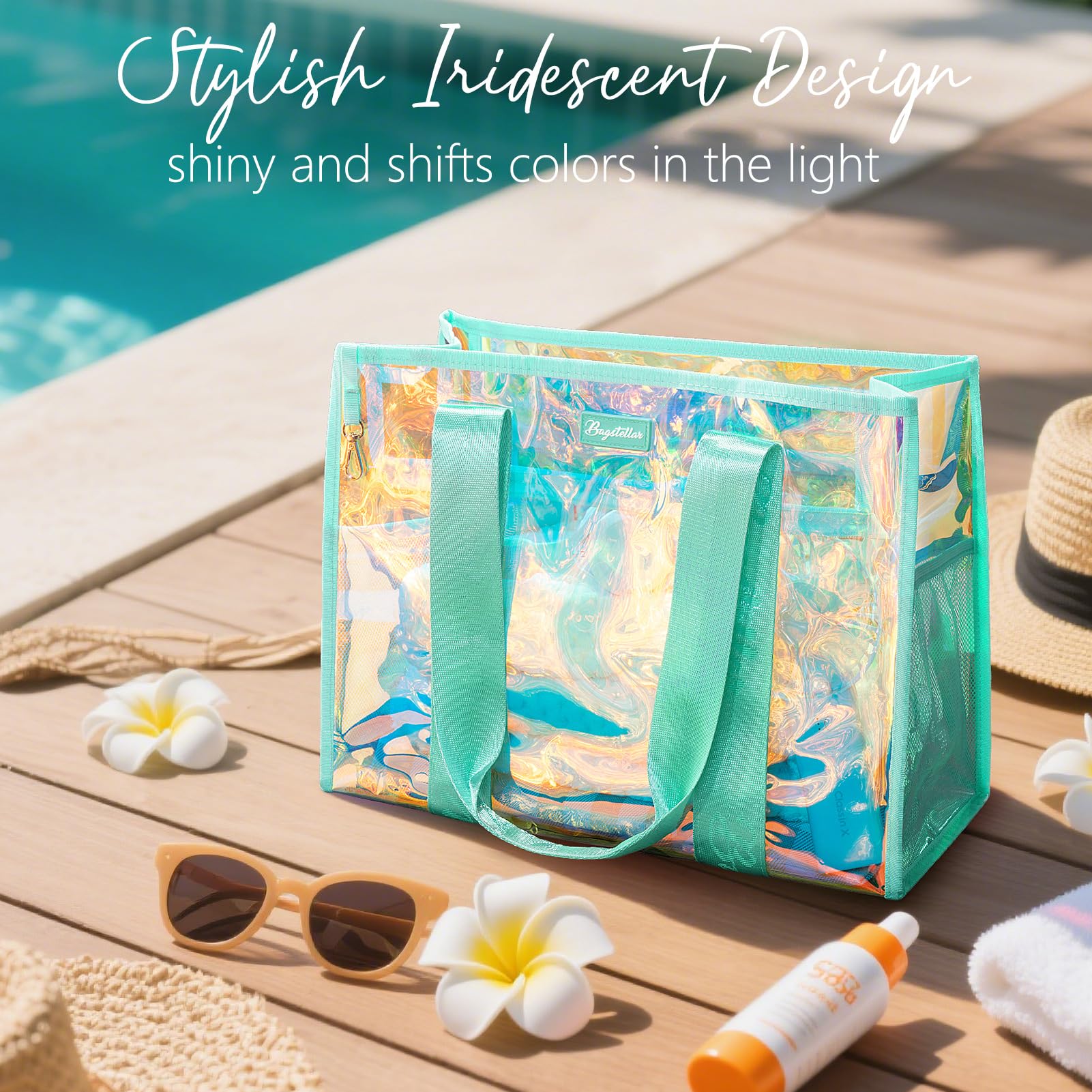Bagstellar Iridescent Beach Tote Bags for Women, Large Zipper Beach Pool Swim Bag with Makeup Bag & Waterproof Phone Pouch | Waterproof Sandproof