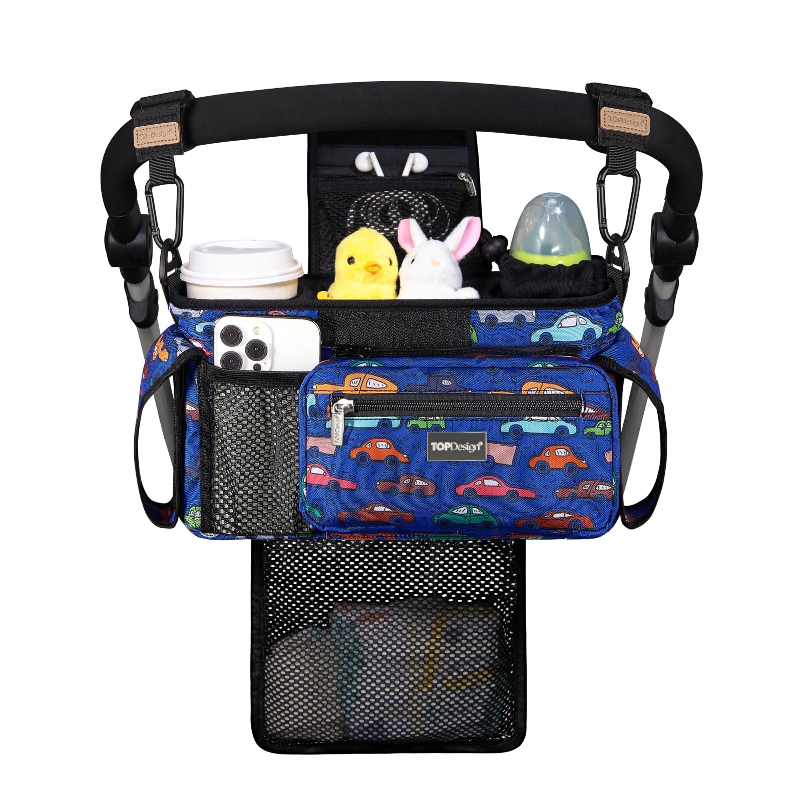 TOPDesign Universal Baby Stroller Organizer, Stroller Caddy with Detachable Mesh Bag & Heightened Insulated Cup Holders & Non-Slip Secure Hooks Accessories, Fits Most Strollers (Checkerboard)