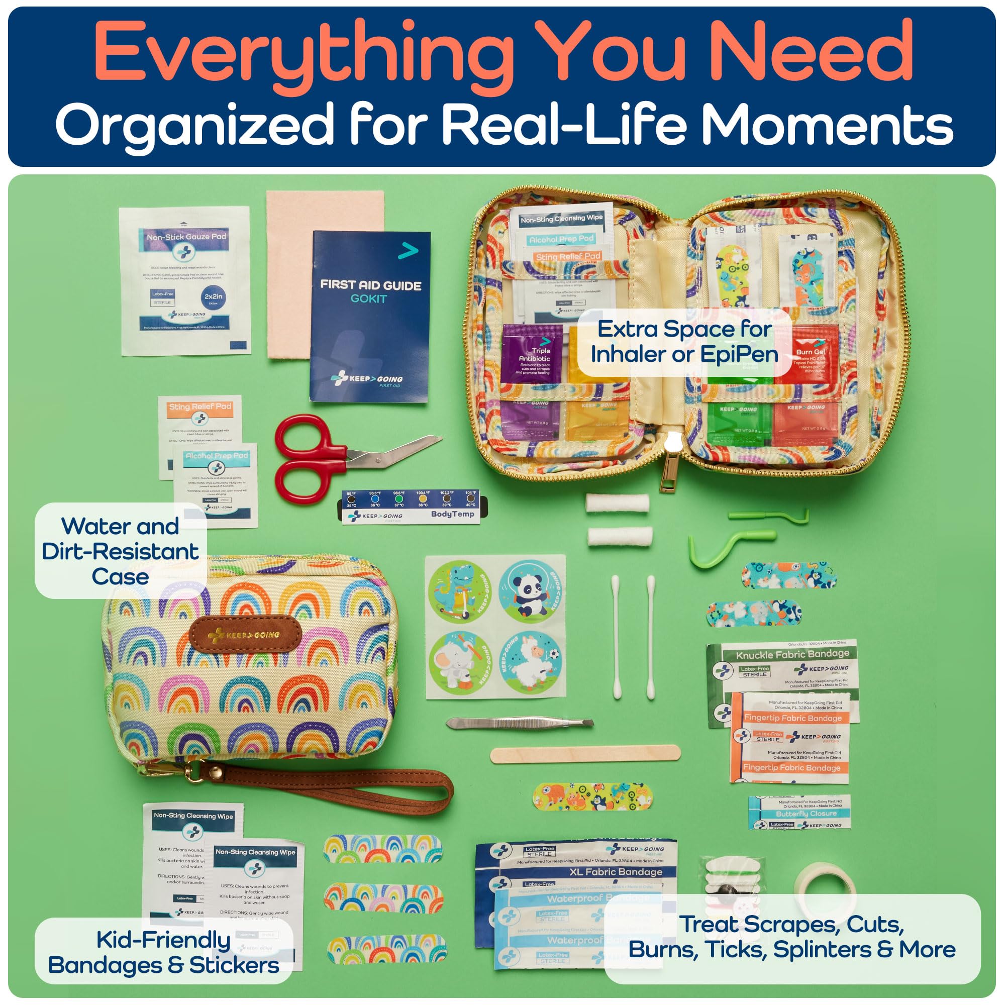 Keep Going Travel First Aid Kit for Kids – 130 Pc.for Purse, Diaper Bag, Backpack, & Suitcase, with Latex-Free Bandages – 7 x 5 x 2 in. Travel First Aid Kit TSA-Approved