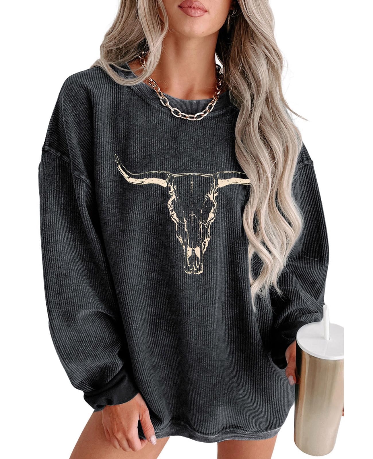 UNIQUEONE Boho Cow Skull Sweatshirt Women Cowgirl Shirt Rodeo Western Country Concert Outfits Nashville Graphic Pullover Tops