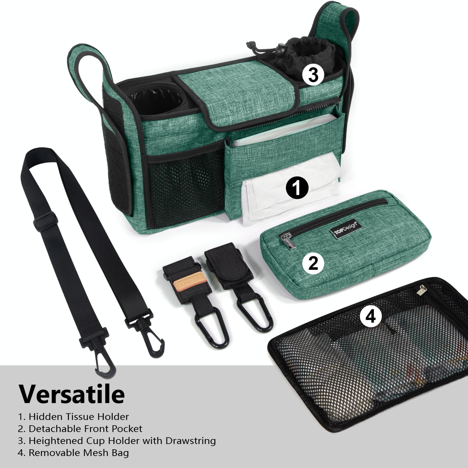 TOPDesign Universal Baby Stroller Organizer, Stroller Caddy with Detachable Mesh Bag & Heightened Insulated Cup Holders & Non-Slip Secure Hooks Accessories, Fits Most Strollers (Checkerboard)