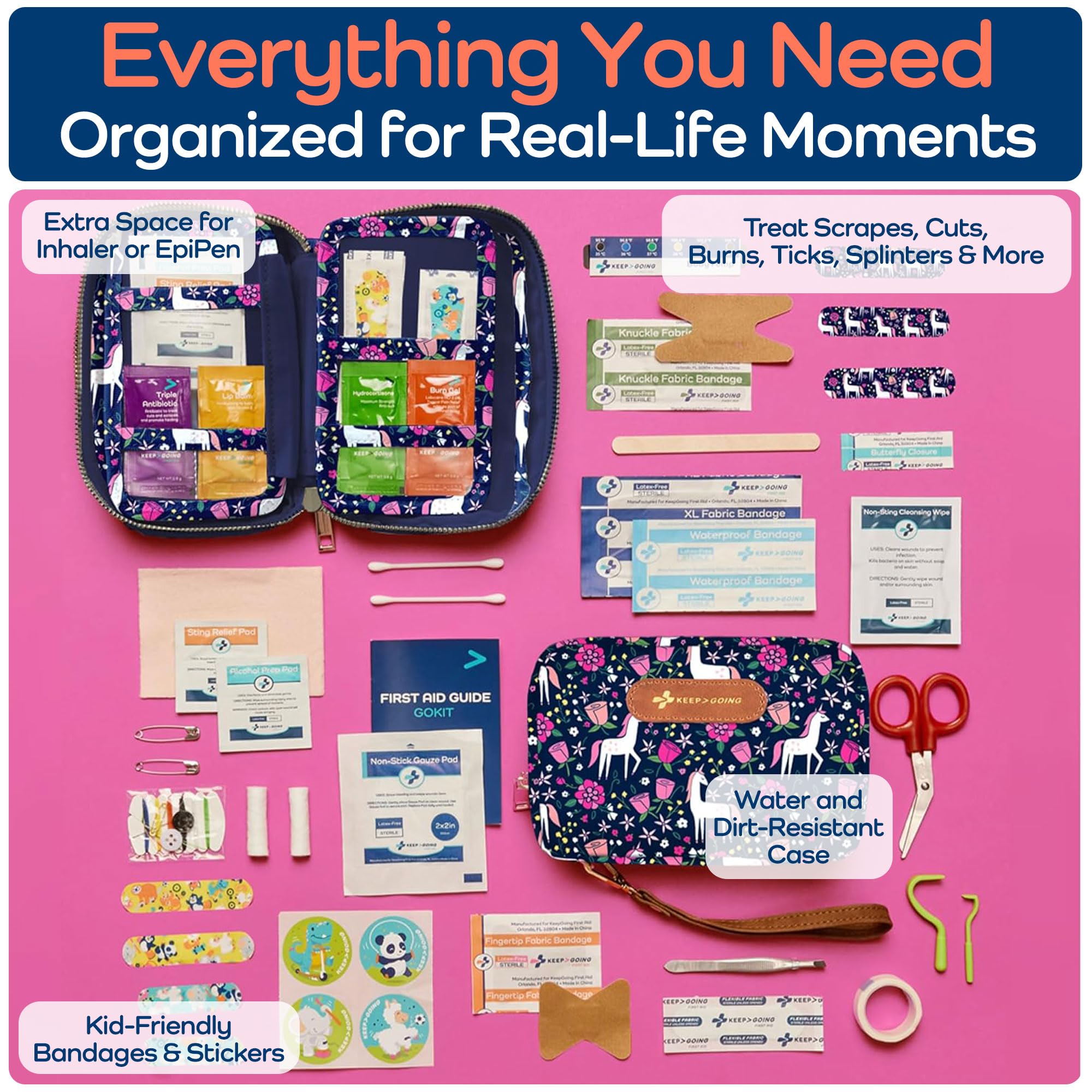 Keep Going Travel First Aid Kit for Kids – 130 Pc.for Purse, Diaper Bag, Backpack, & Suitcase, with Latex-Free Bandages – 7 x 5 x 2 in. Travel First Aid Kit TSA-Approved
