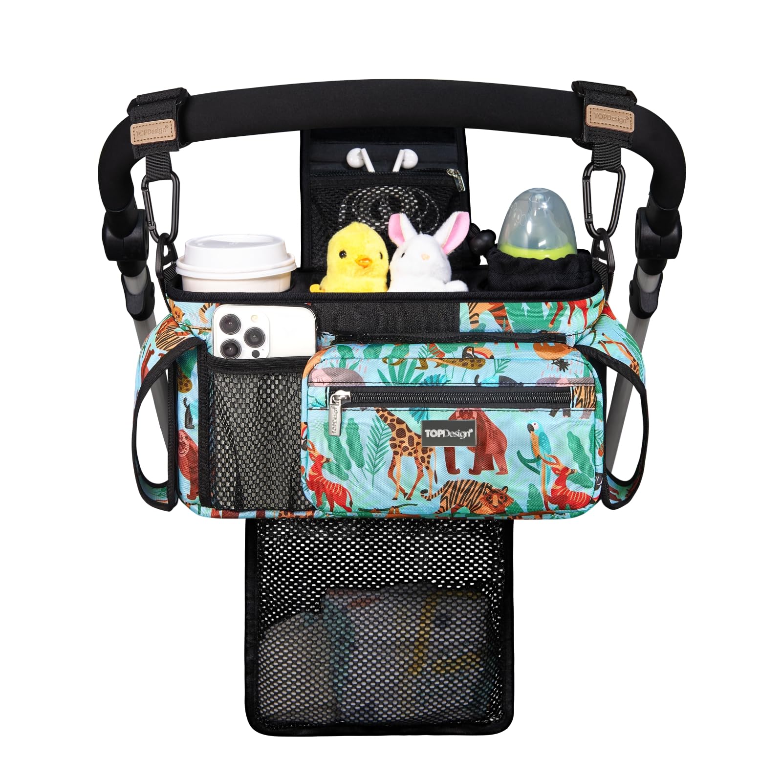 TOPDesign Universal Baby Stroller Organizer, Stroller Caddy with Detachable Mesh Bag & Heightened Insulated Cup Holders & Non-Slip Secure Hooks Accessories, Fits Most Strollers (Checkerboard)