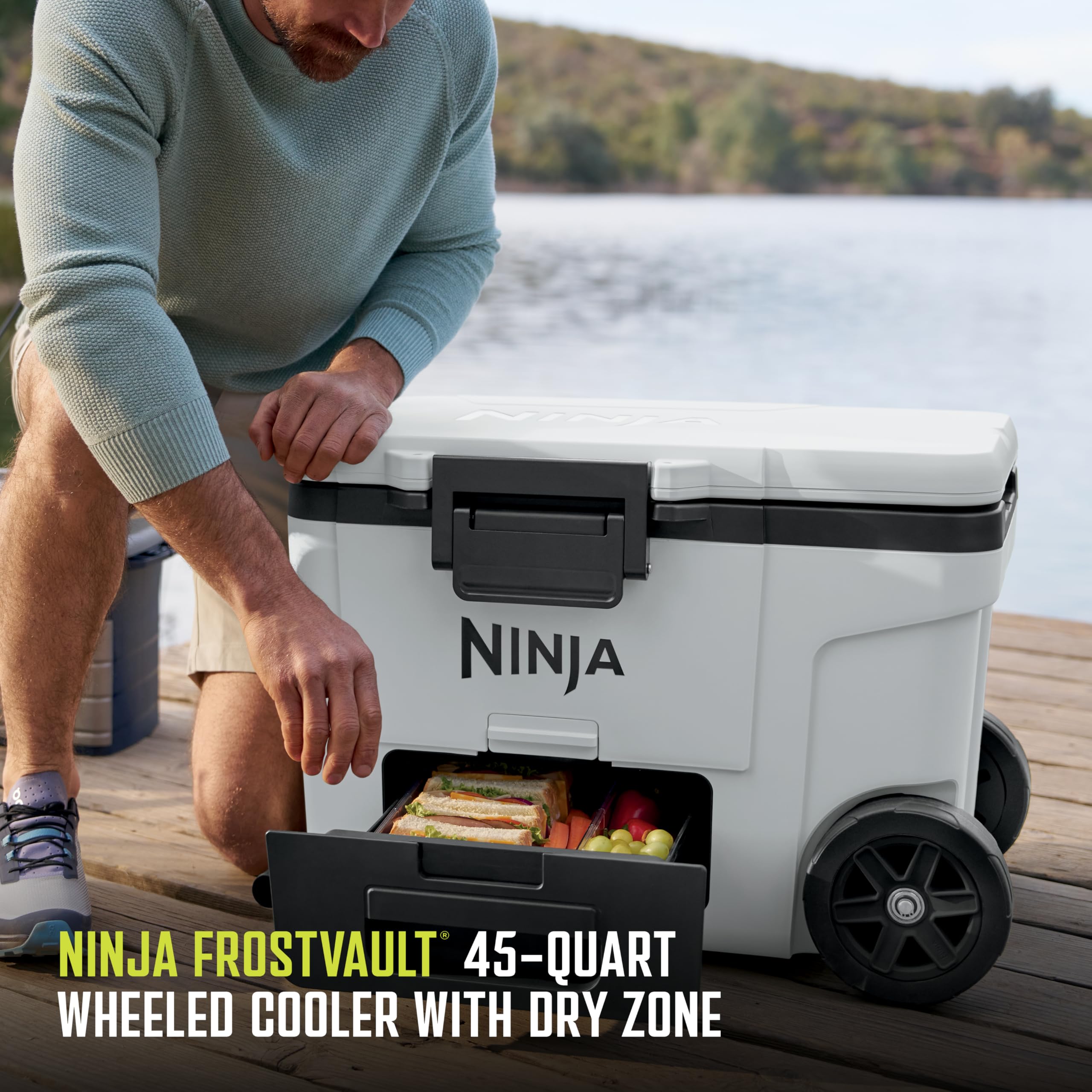 Ninja | Cooler | FrostVault 45QT Cooler with Wheels | Insulated with Temp Dry Storage Drawer | Keeps Ice Cold for Days | for the Beach, Camping, Picnics & More | Cloud White | FB245WH