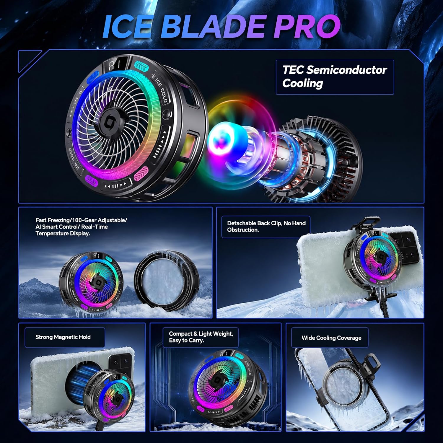 USB Phone Fan with Real-Time Temp Display, AI Smart Control, 100-Level Fan, 4 RGB Modes, Large Cooling Area, Semiconductor Phone Cooling Fan, Magnetic & Clip-On for iPhone Android, Gaming TikTok Live