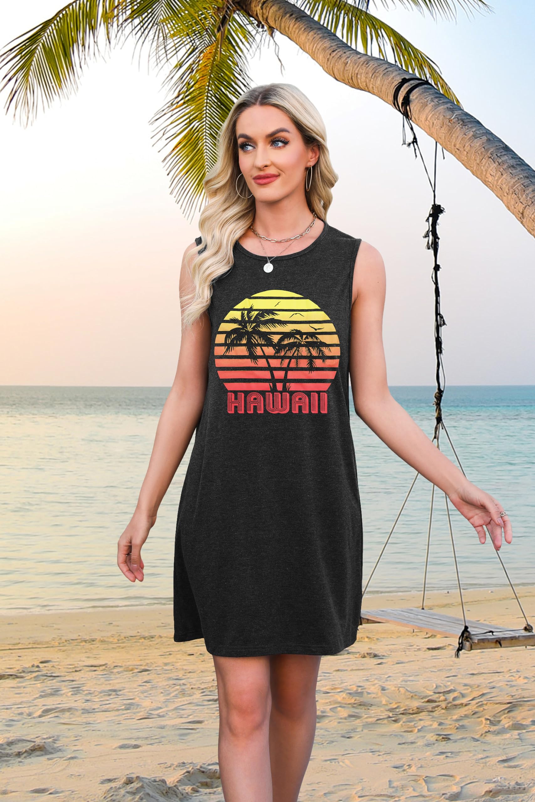 Summer Sundress for Women Beach Tank Dress Sleeveless Graphic T Dress Short Casual Sun Dresses Beach Cover Up