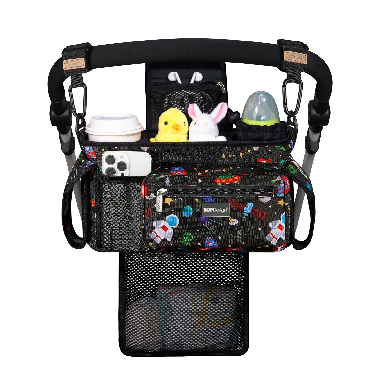 TOPDesign Universal Baby Stroller Organizer, Stroller Caddy with Detachable Mesh Bag & Heightened Insulated Cup Holders & Non-Slip Secure Hooks Accessories, Fits Most Strollers (Checkerboard)