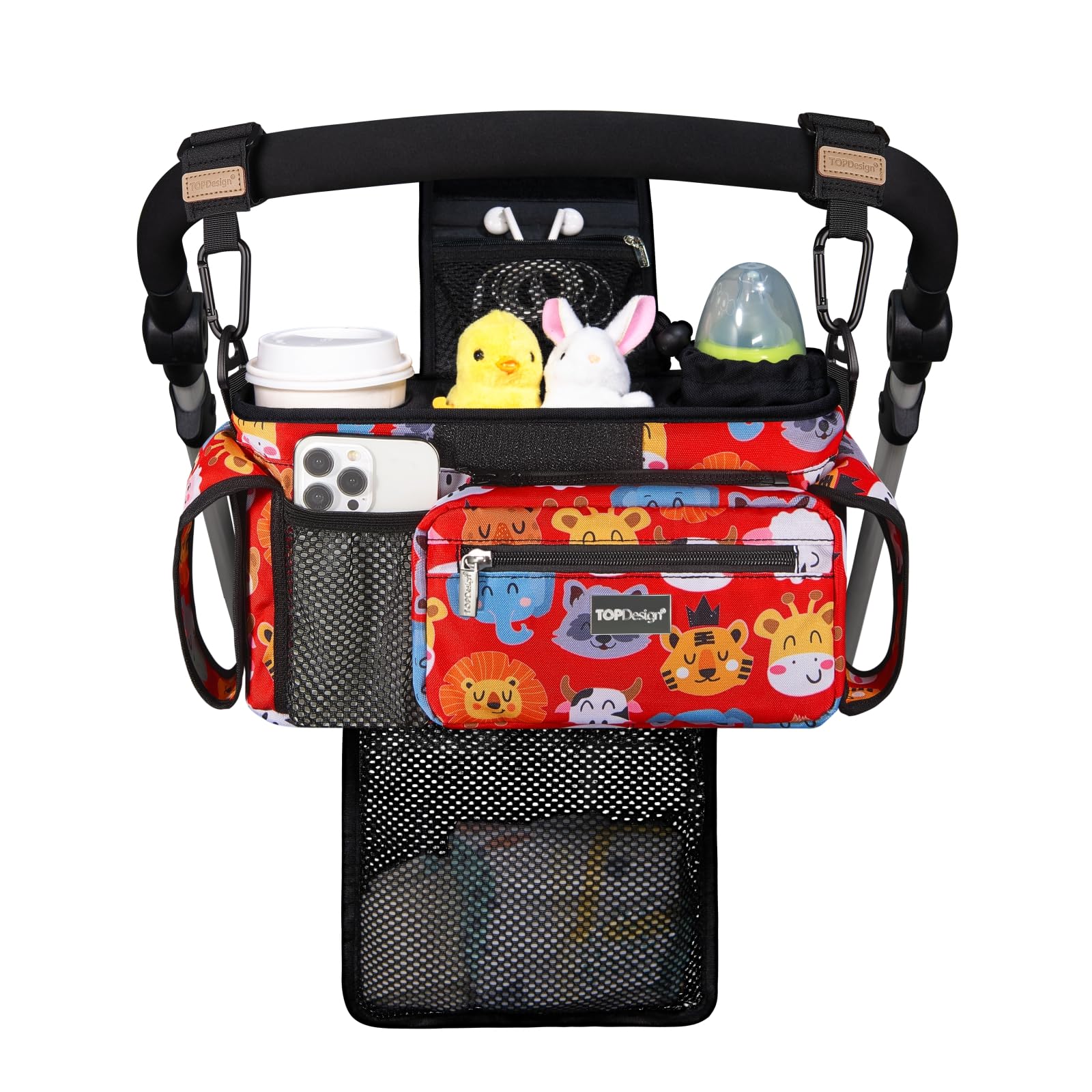 TOPDesign Universal Baby Stroller Organizer, Stroller Caddy with Detachable Mesh Bag & Heightened Insulated Cup Holders & Non-Slip Secure Hooks Accessories, Fits Most Strollers (Checkerboard)