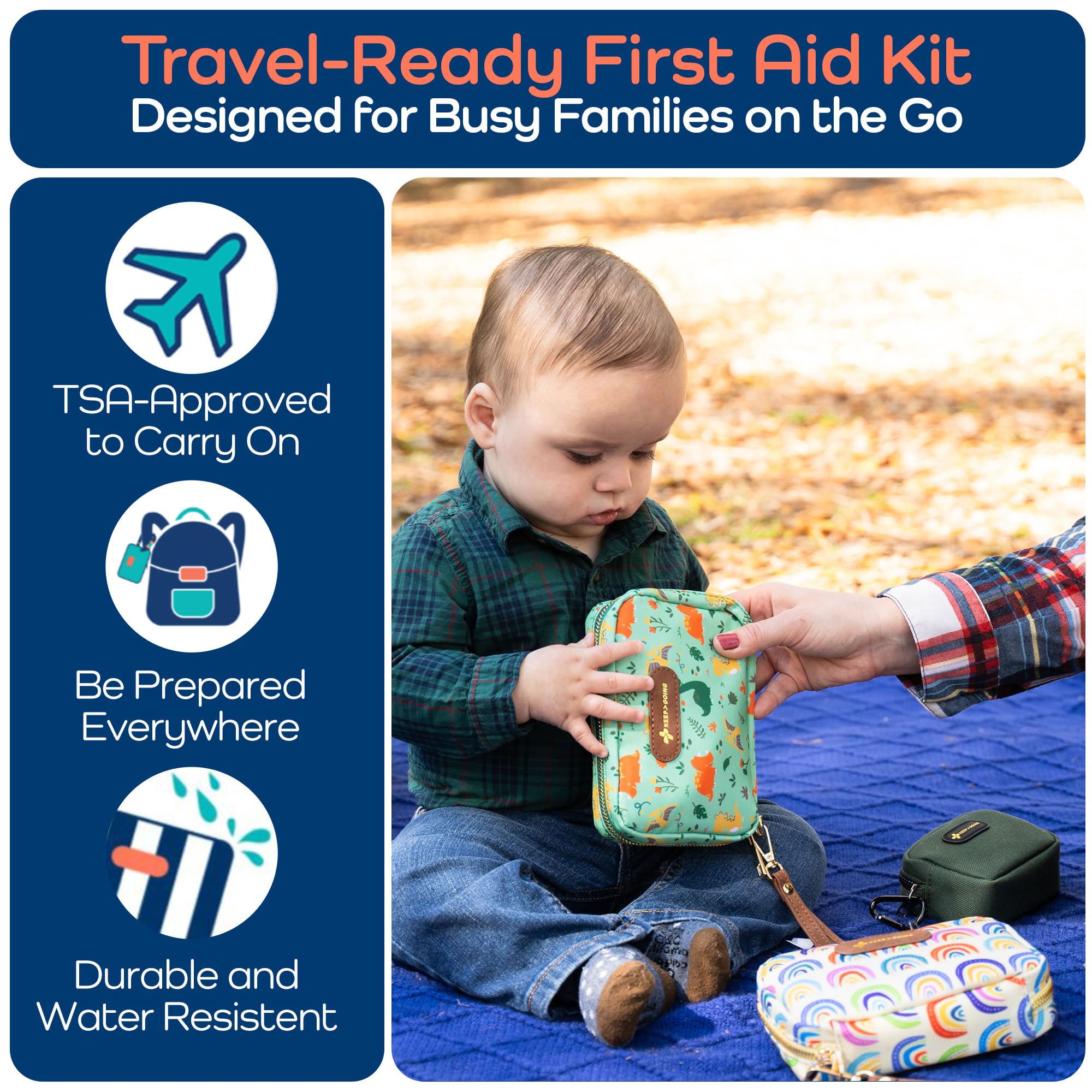 Keep Going Travel First Aid Kit for Kids – 130 Pc.for Purse, Diaper Bag, Backpack, & Suitcase, with Latex-Free Bandages – 7 x 5 x 2 in. Travel First Aid Kit TSA-Approved