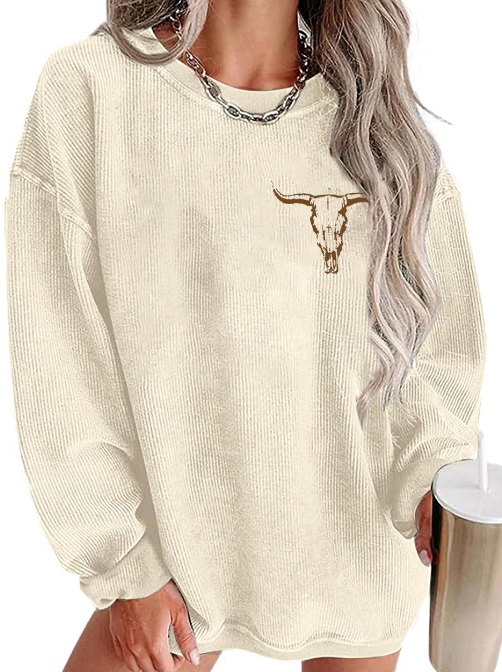 UNIQUEONE Boho Cow Skull Sweatshirt Women Cowgirl Shirt Rodeo Western Country Concert Outfits Nashville Graphic Pullover Tops
