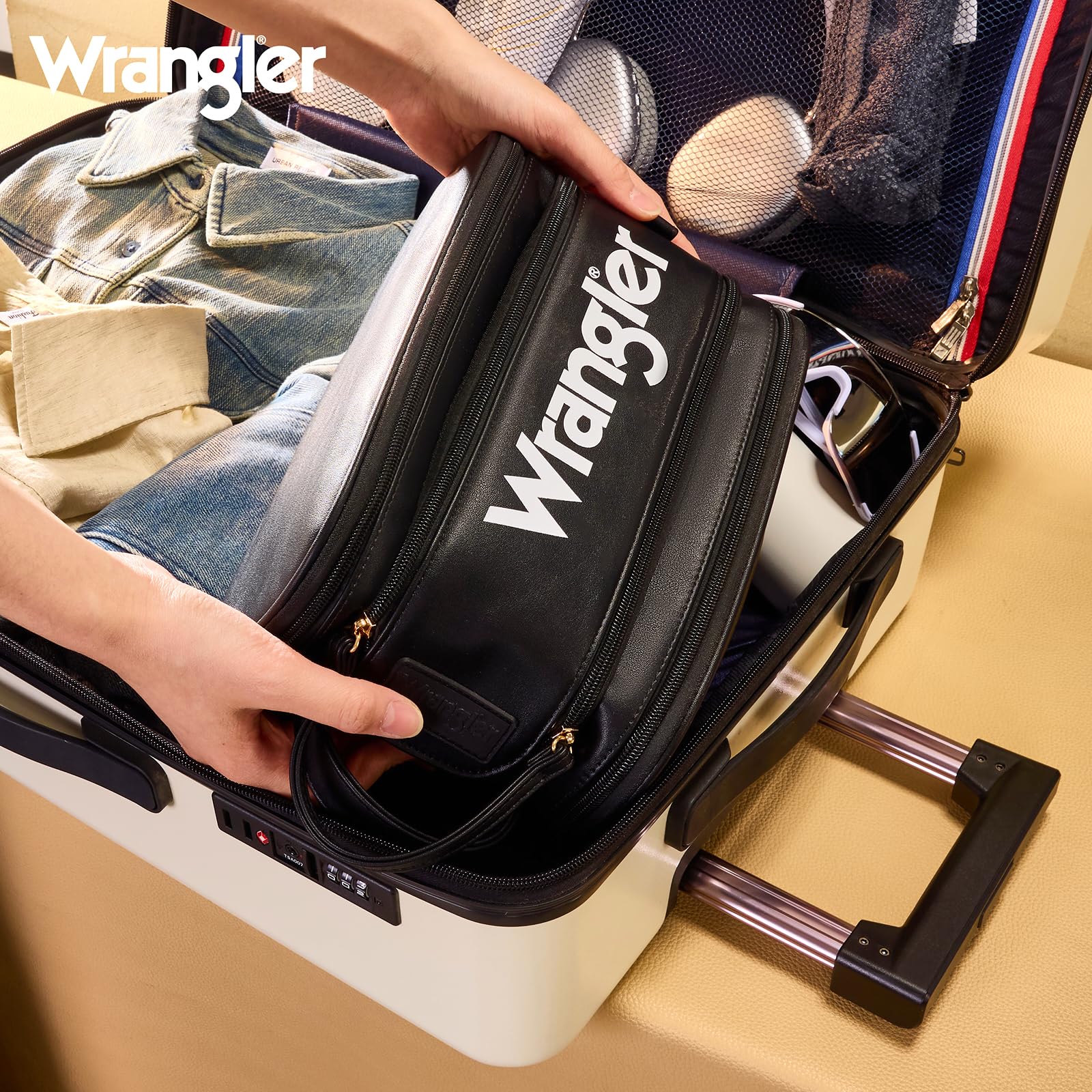 Montana West X Wrangler Large Makeup Bag Travel Toiletry Bag Portable Cosmetic Bag Make Up Organizer with Divider and Handle for Women