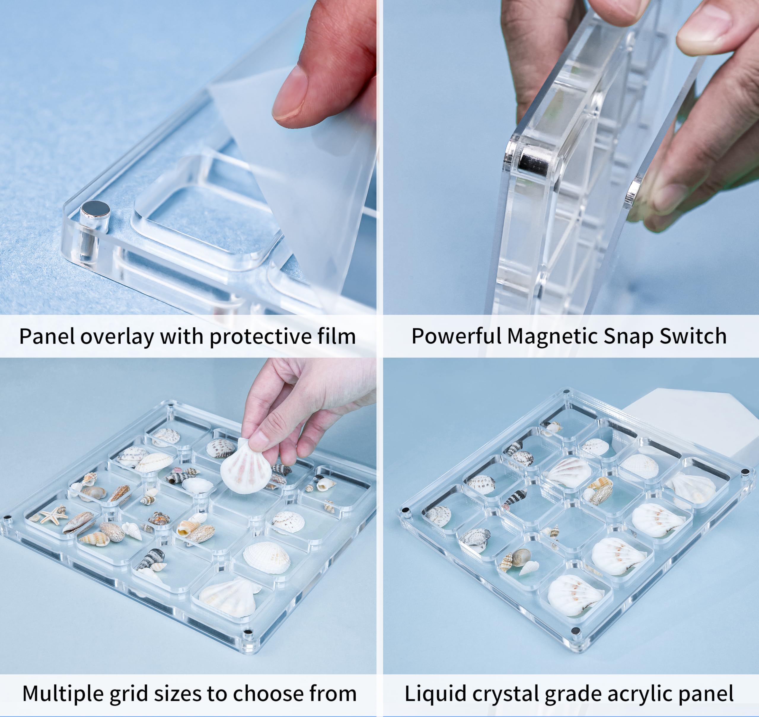 Multi-Style Clear Acrylic Magnetic Seashell Display Collecting Box, Acrylic Shadow Box for Tiny Treasure Hunting Seashell Holder Display Grid Cabinet Case Box,Display Seashell Jewelry Crystal