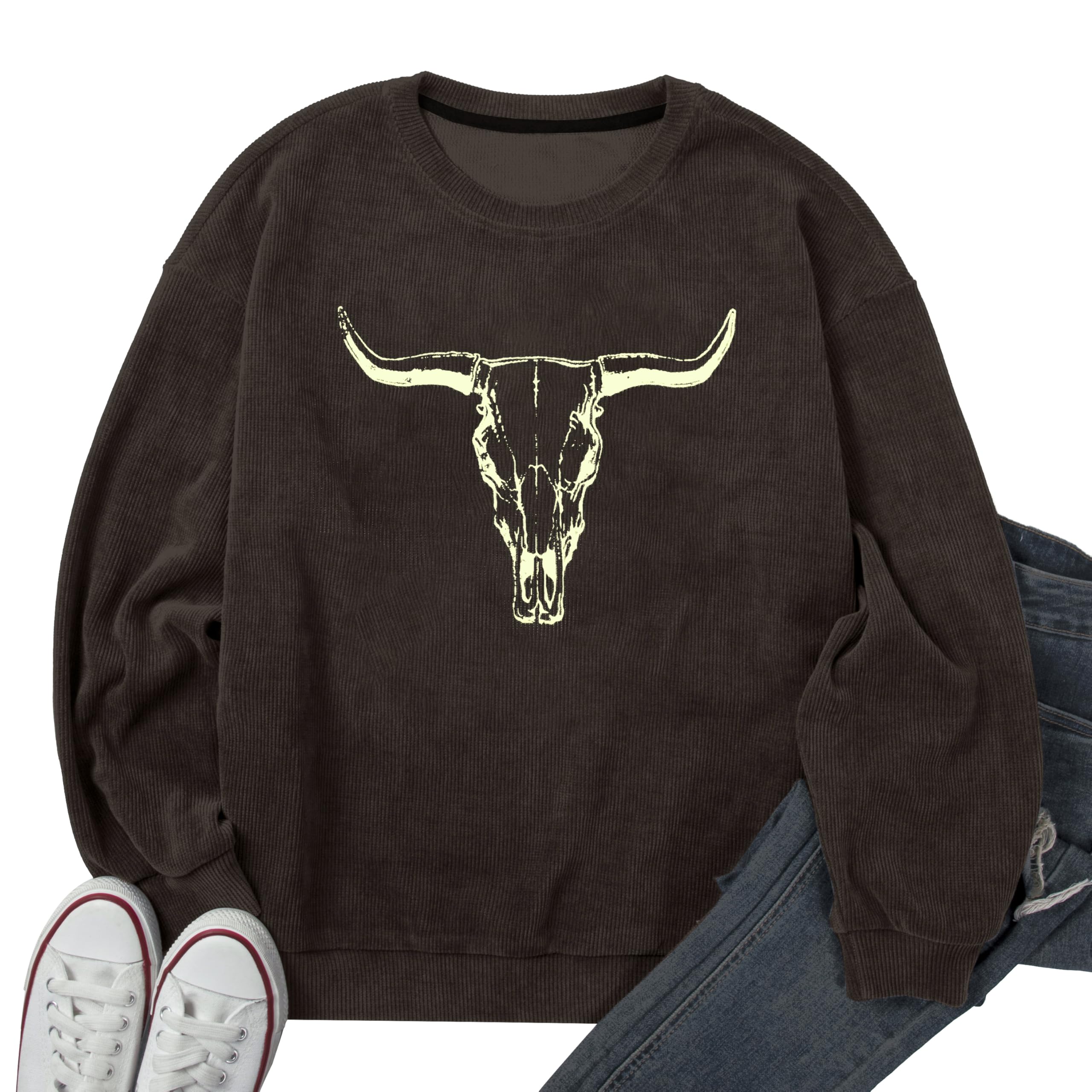 UNIQUEONE Boho Cow Skull Sweatshirt Women Cowgirl Shirt Rodeo Western Country Concert Outfits Nashville Graphic Pullover Tops
