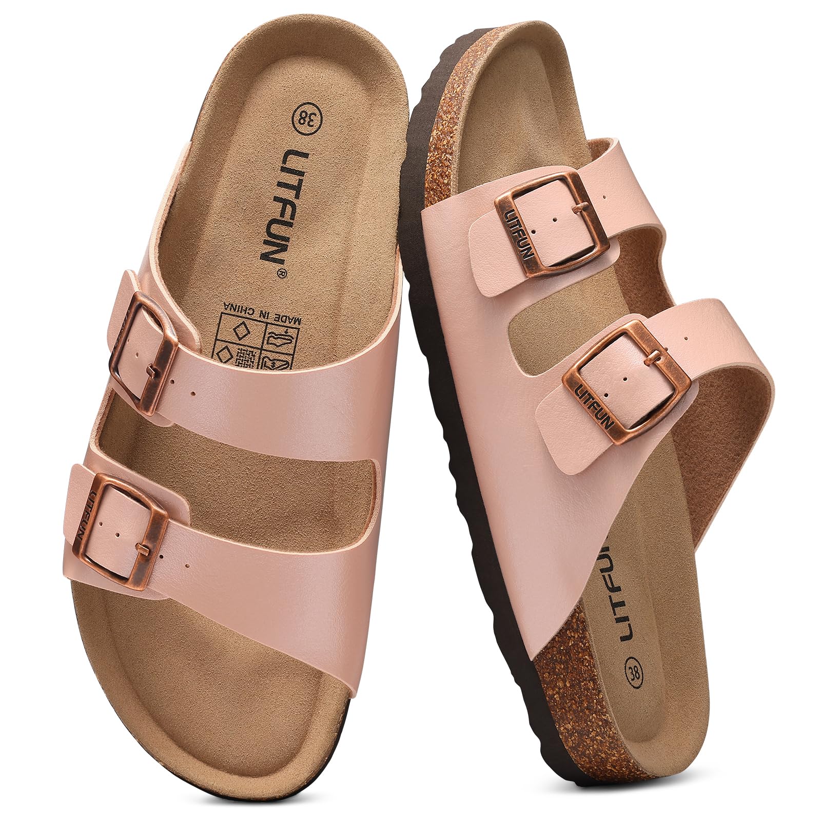 Litfun Unisex Cork Footbed Sandal Summer Slip On Slide Sandals with Adjustable Buckle for Women Men