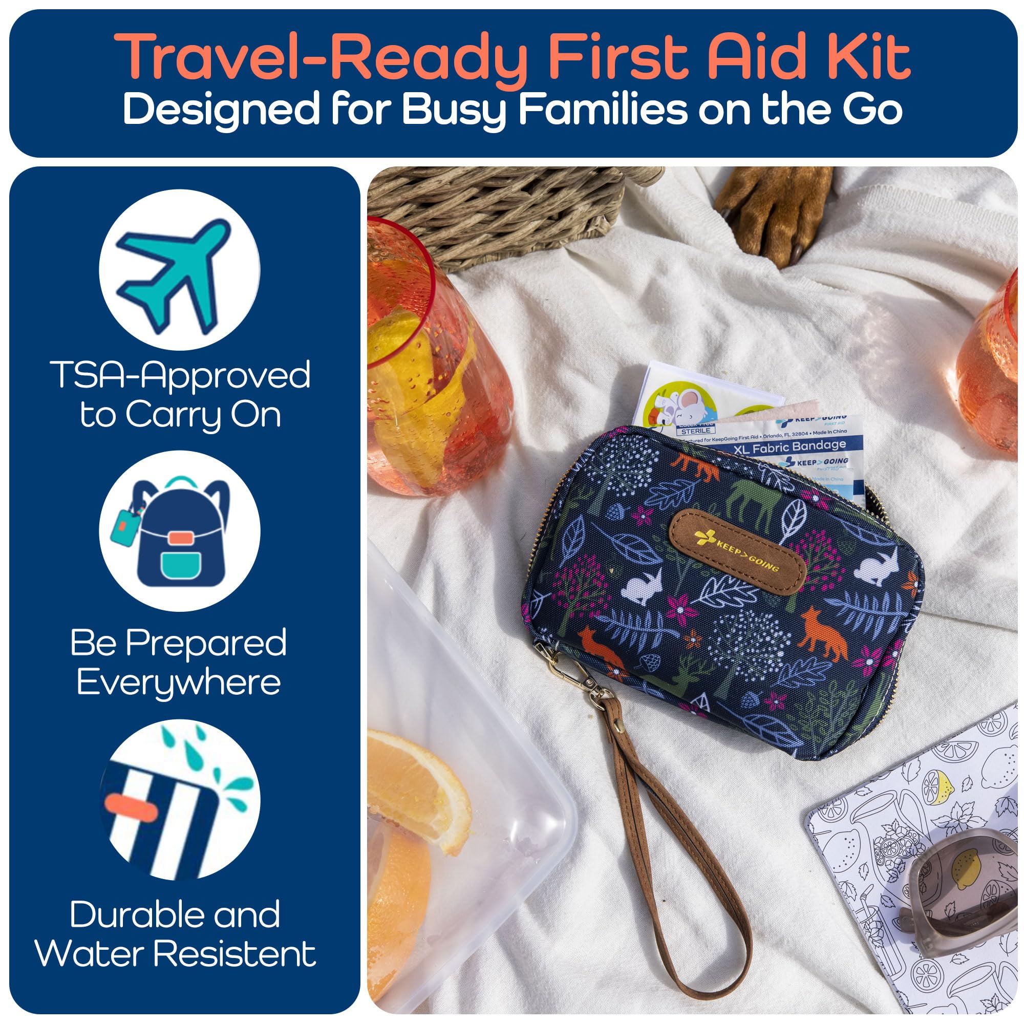 Keep Going Travel First Aid Kit for Kids – 130 Pc.for Purse, Diaper Bag, Backpack, & Suitcase, with Latex-Free Bandages – 7 x 5 x 2 in. Travel First Aid Kit TSA-Approved