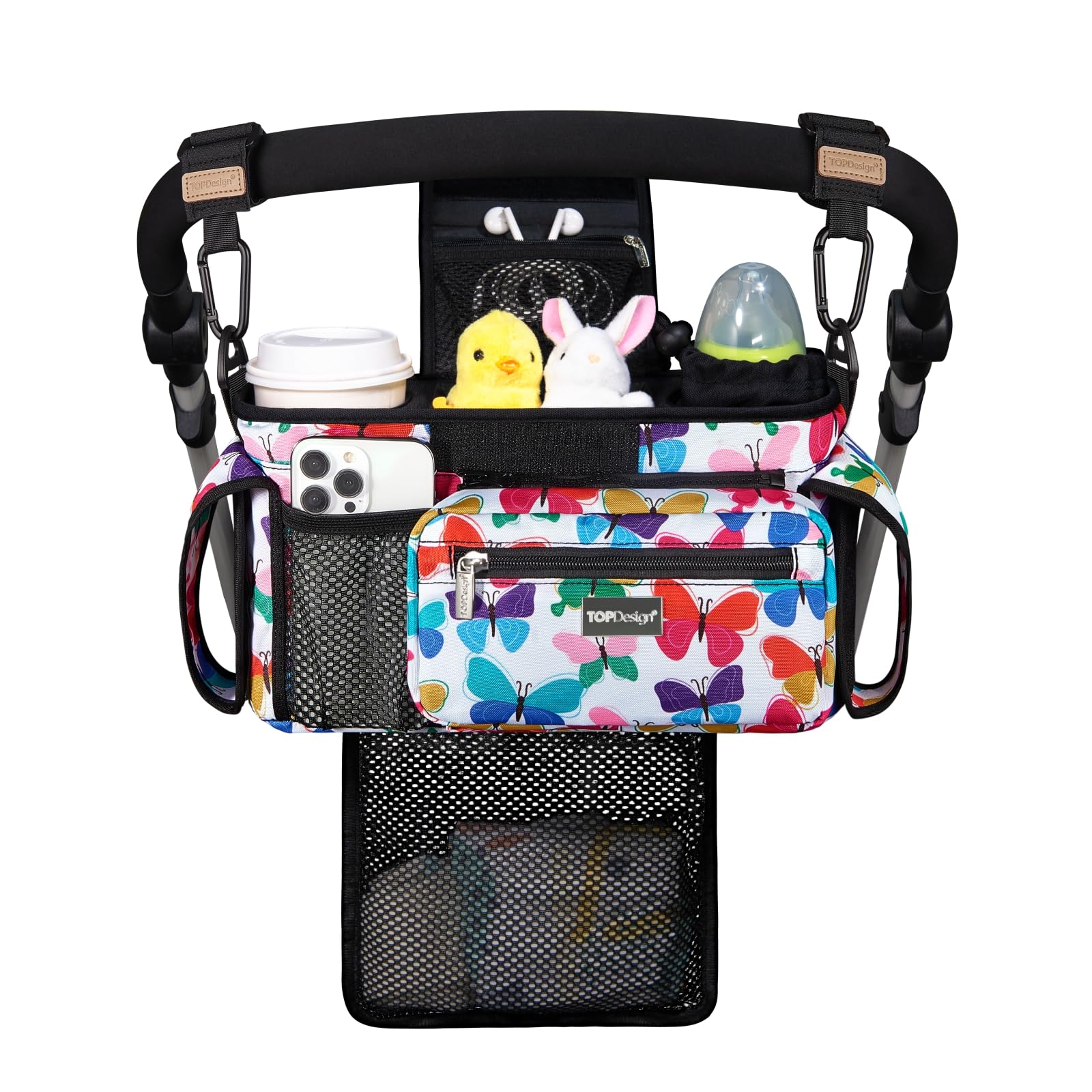 TOPDesign Universal Baby Stroller Organizer, Stroller Caddy with Detachable Mesh Bag & Heightened Insulated Cup Holders & Non-Slip Secure Hooks Accessories, Fits Most Strollers (Checkerboard)