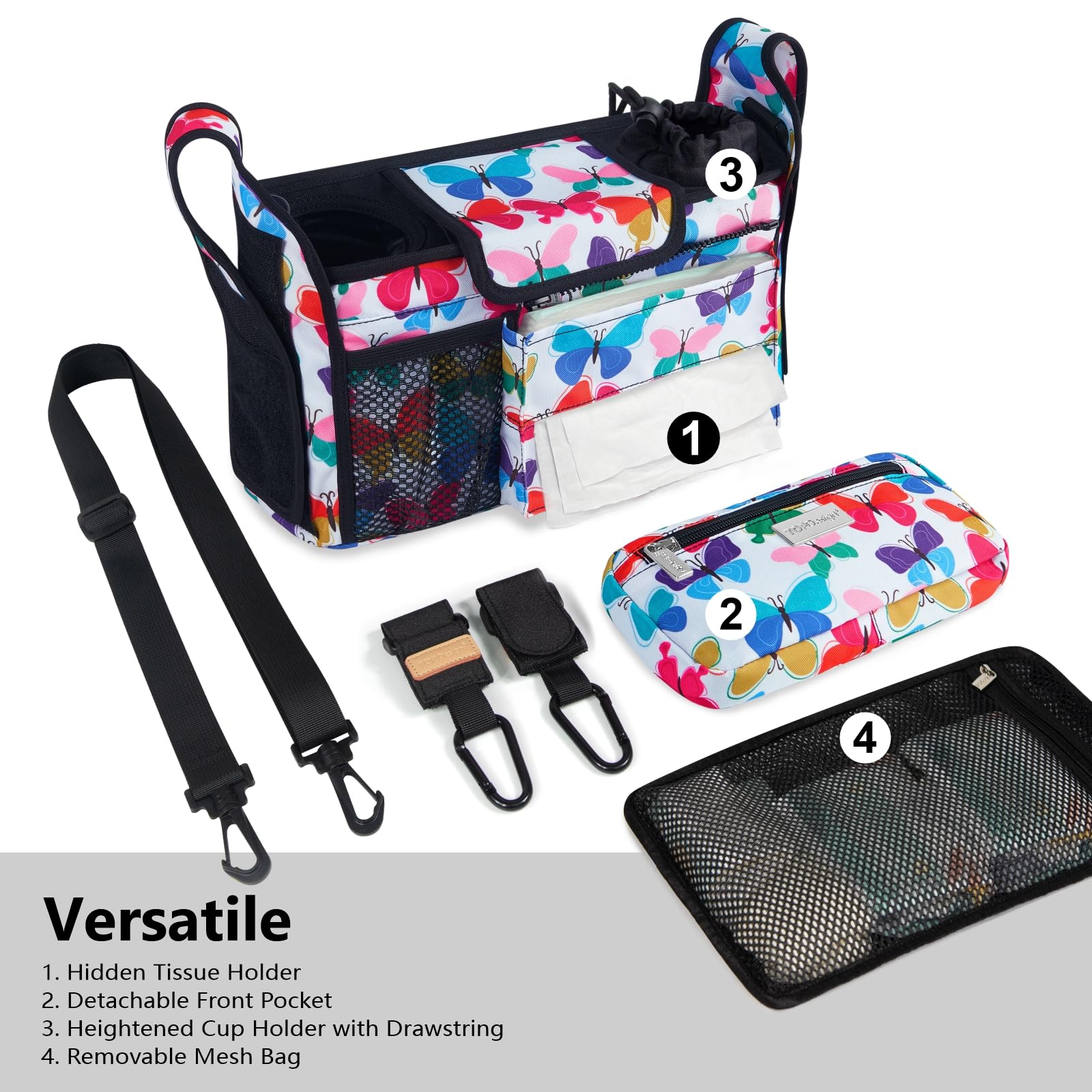 TOPDesign Universal Baby Stroller Organizer, Stroller Caddy with Detachable Mesh Bag & Heightened Insulated Cup Holders & Non-Slip Secure Hooks Accessories, Fits Most Strollers (Checkerboard)