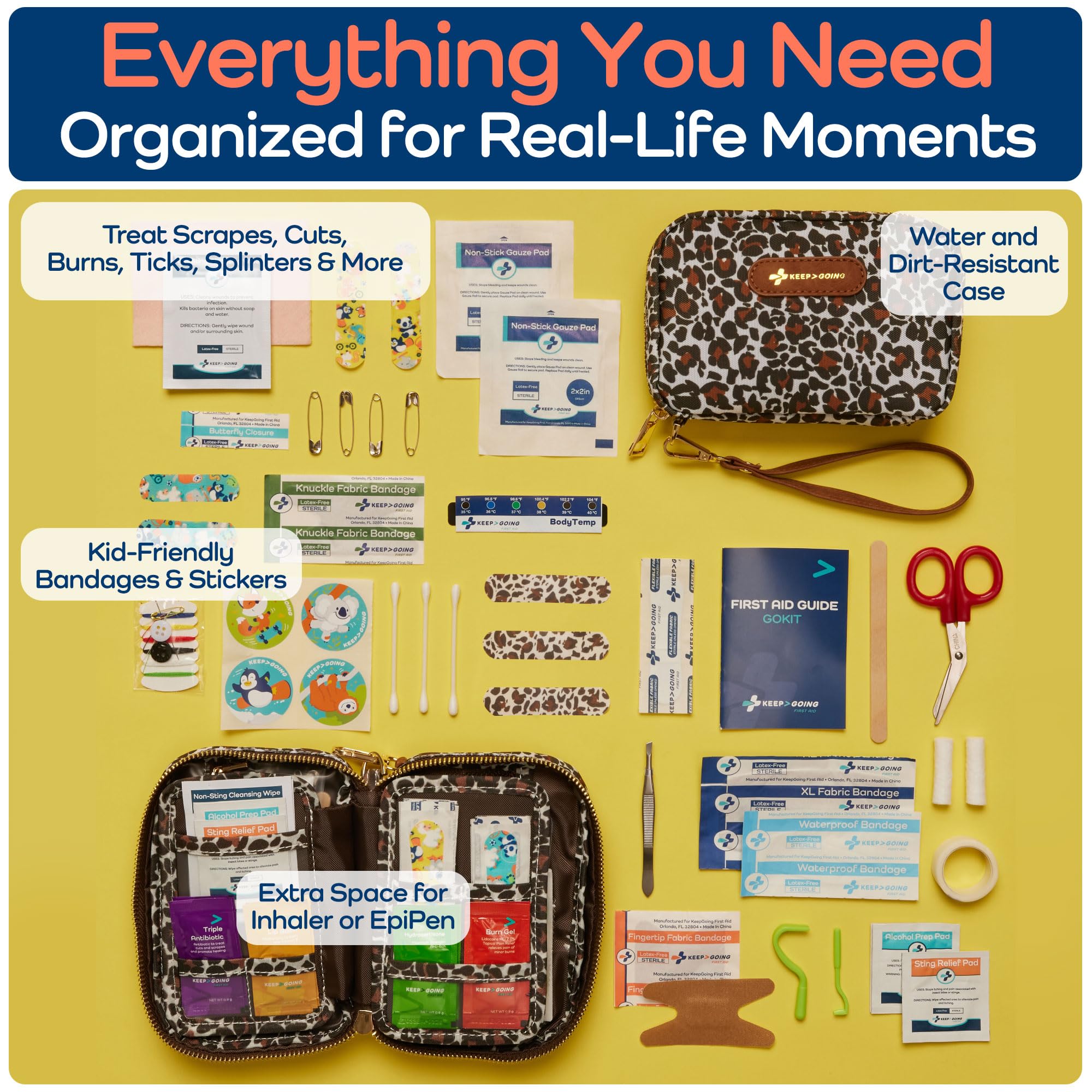 Keep Going Travel First Aid Kit for Kids – 130 Pc.for Purse, Diaper Bag, Backpack, & Suitcase, with Latex-Free Bandages – 7 x 5 x 2 in. Travel First Aid Kit TSA-Approved