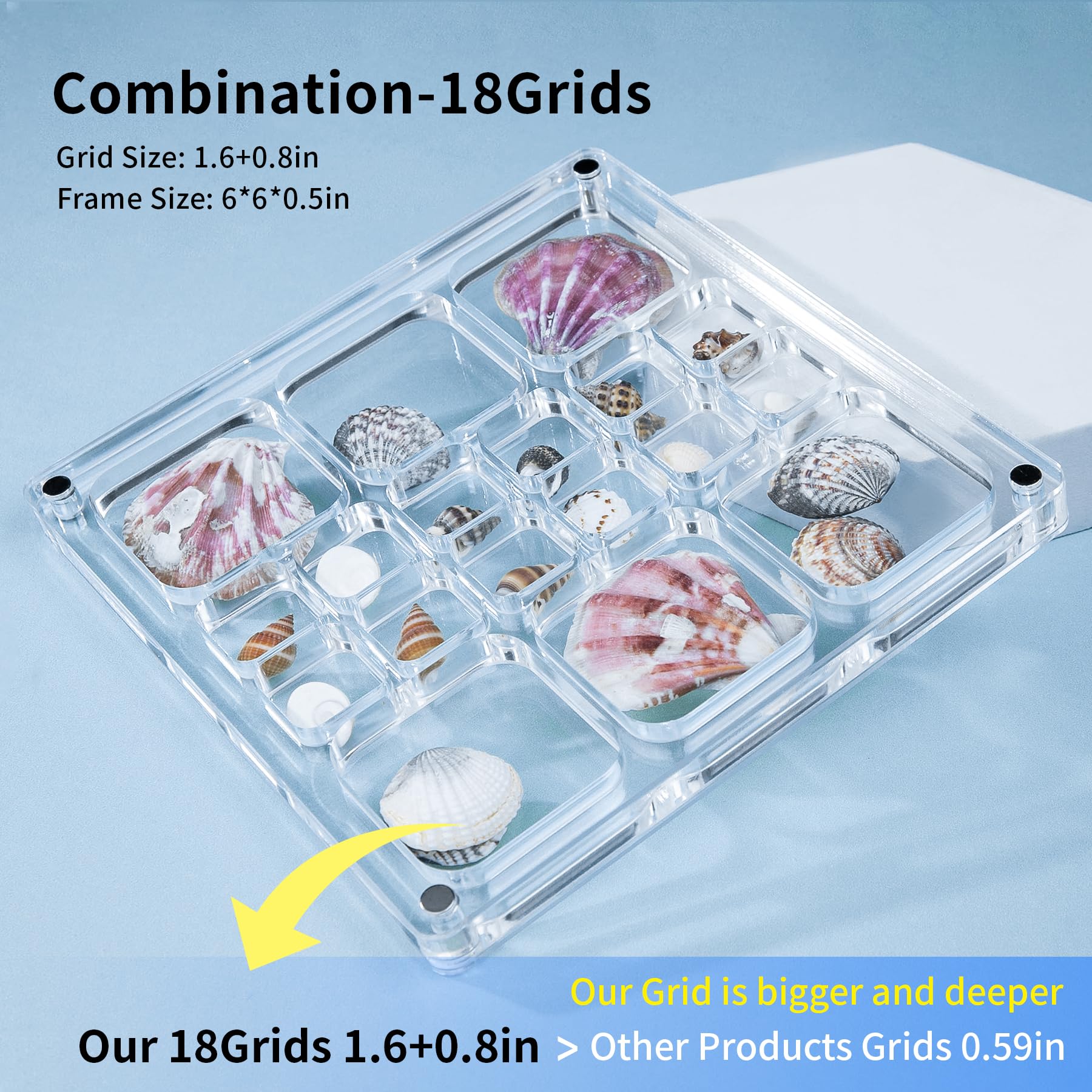Multi-Style Clear Acrylic Magnetic Seashell Display Collecting Box, Acrylic Shadow Box for Tiny Treasure Hunting Seashell Holder Display Grid Cabinet Case Box,Display Seashell Jewelry Crystal