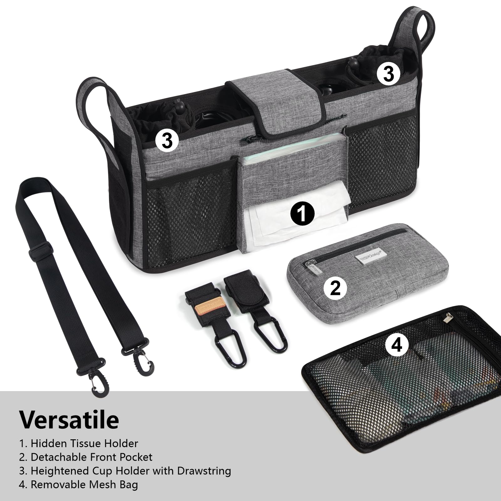 TOPDesign Universal Baby Stroller Organizer, Stroller Caddy with Detachable Mesh Bag & Heightened Insulated Cup Holders & Non-Slip Secure Hooks Accessories, Fits Most Strollers (Checkerboard)