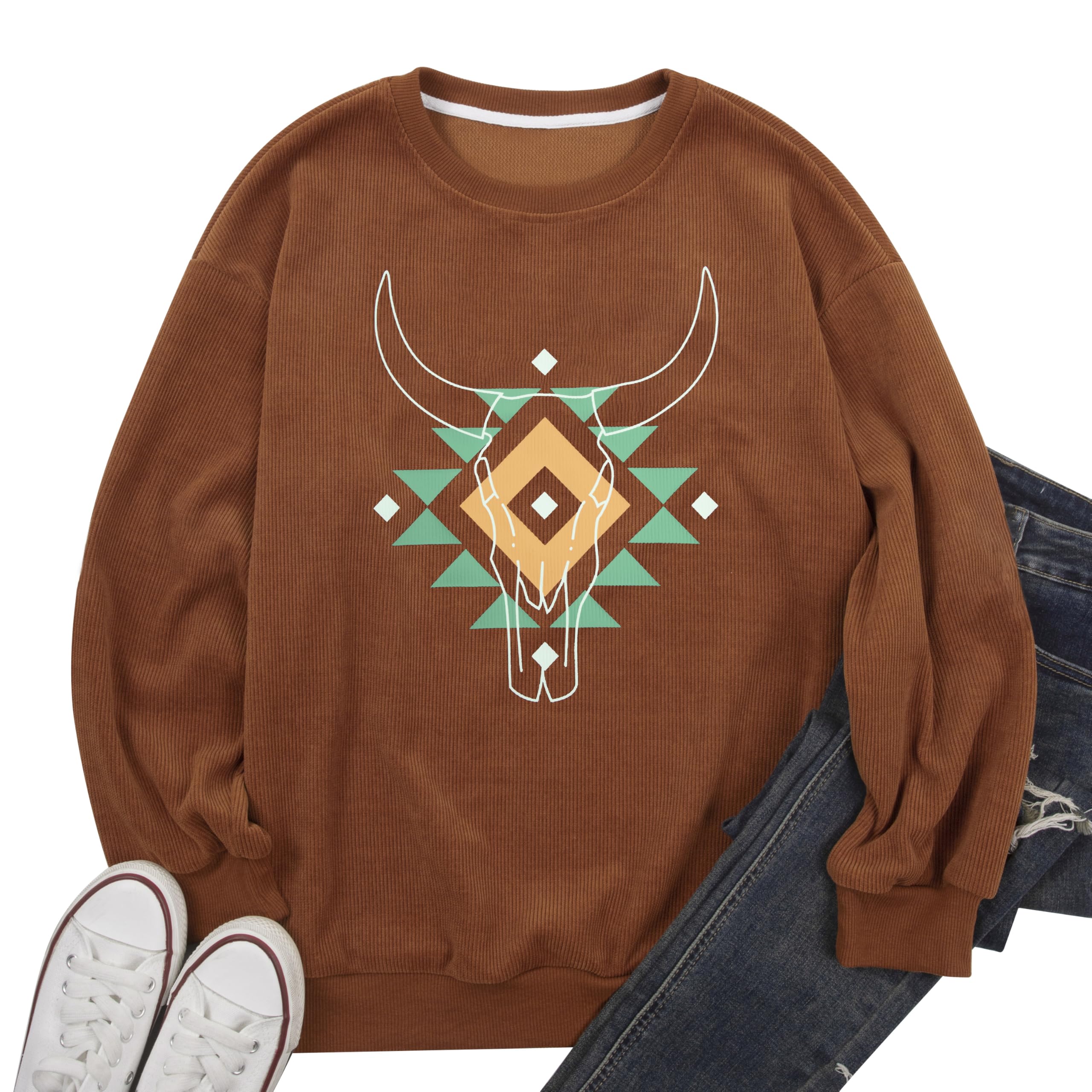 UNIQUEONE Boho Cow Skull Sweatshirt Women Cowgirl Shirt Rodeo Western Country Concert Outfits Nashville Graphic Pullover Tops